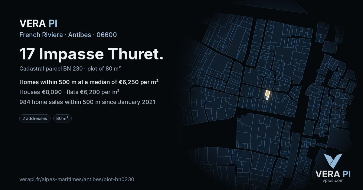 17 Impasse Thuret, Antibes at night – the plot lit, the parcels around coloured by the prices near them