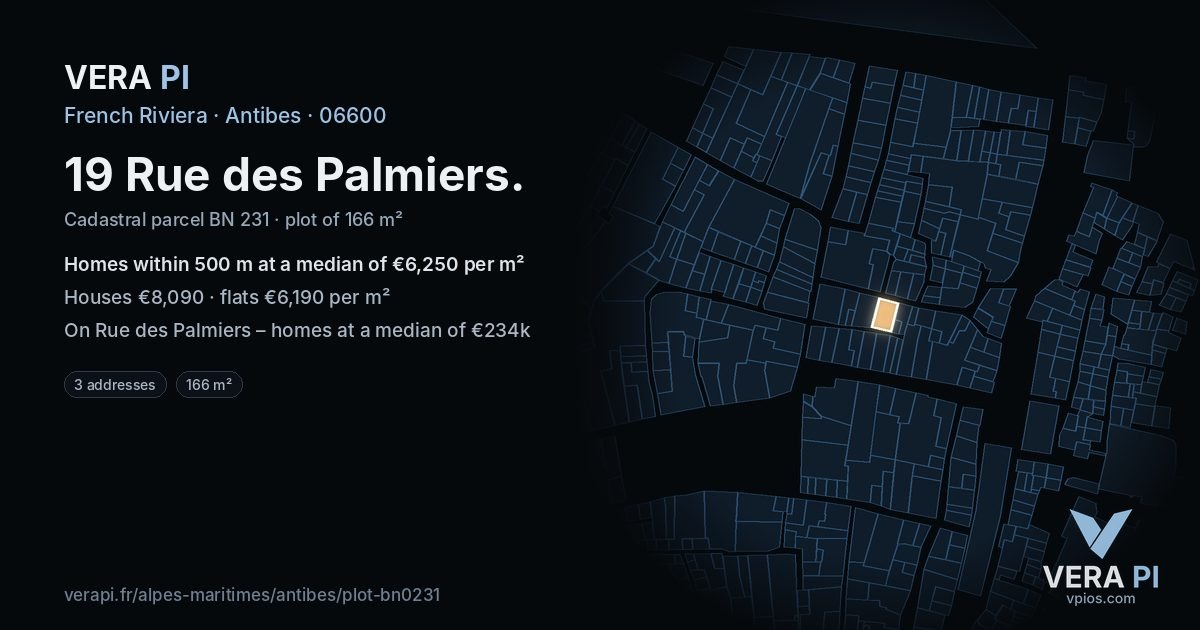 19 Rue des Palmiers, Antibes at night – the plot lit, the parcels around coloured by the prices near them