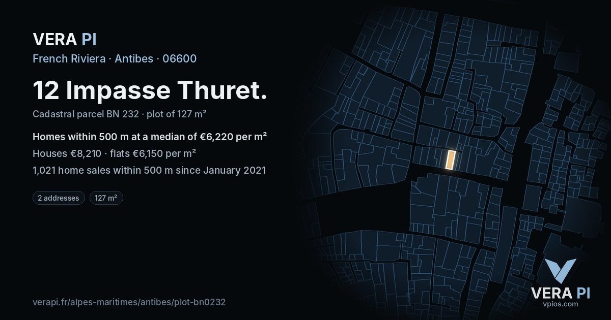 12 Impasse Thuret, Antibes at night – the plot lit, the parcels around coloured by the prices near them