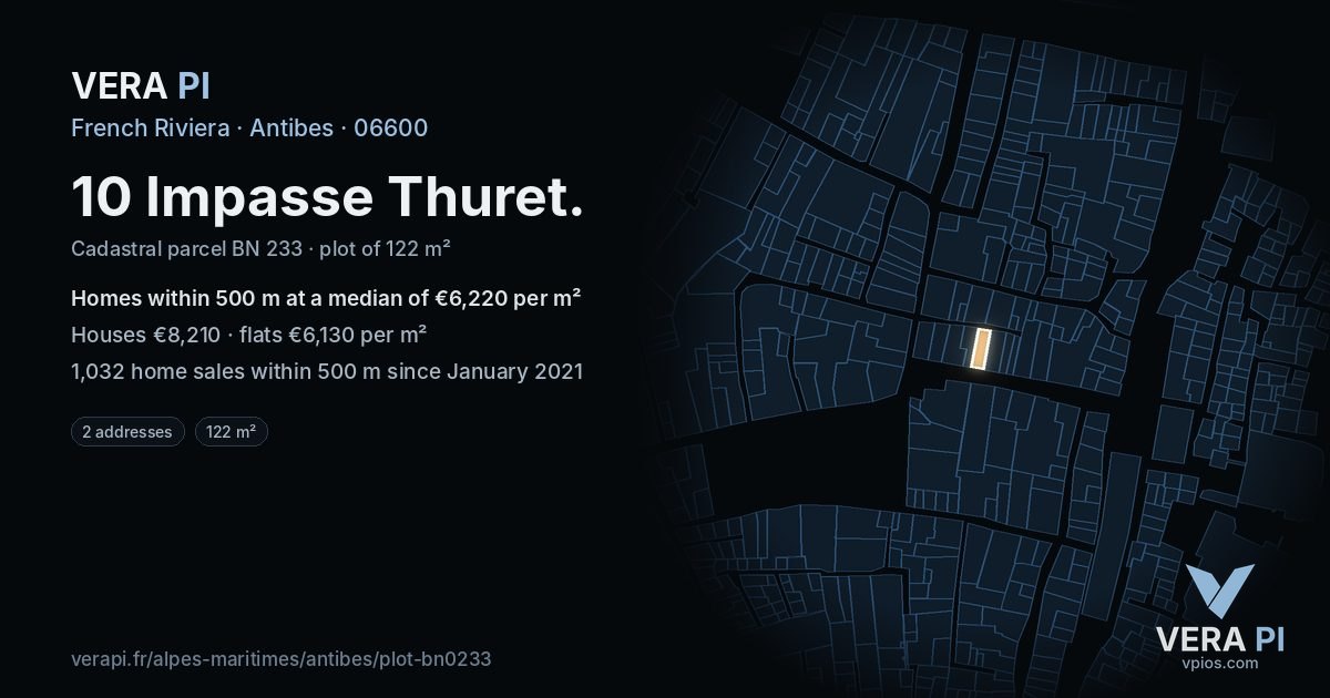 10 Impasse Thuret, Antibes at night – the plot lit, the parcels around coloured by the prices near them