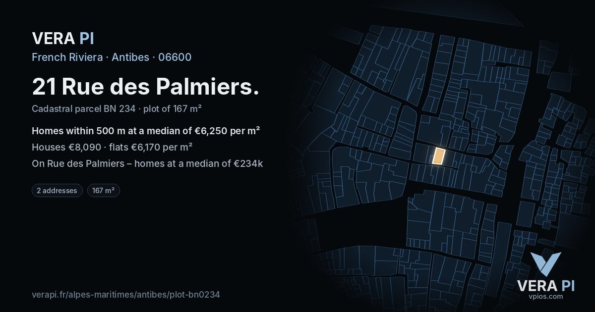 21 Rue des Palmiers, Antibes at night – the plot lit, the parcels around coloured by the prices near them