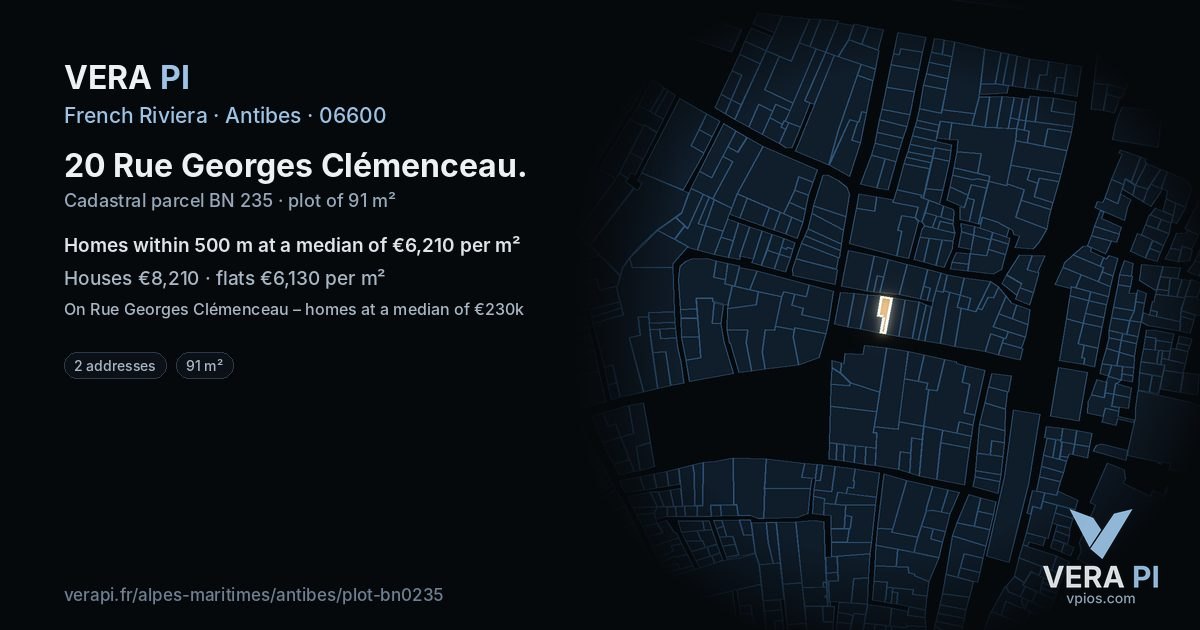 20 Rue Georges Clémenceau, Antibes at night – the plot lit, the parcels around coloured by the prices near them