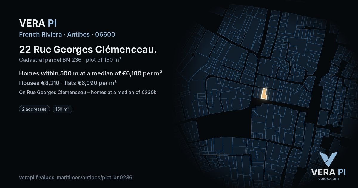22 Rue Georges Clémenceau, Antibes at night – the plot lit, the parcels around coloured by the prices near them