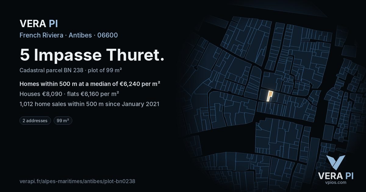 5 Impasse Thuret, Antibes at night – the plot lit, the parcels around coloured by the prices near them
