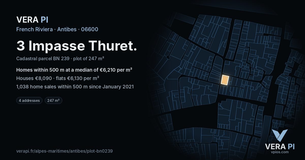 3 Impasse Thuret, Antibes at night – the plot lit, the parcels around coloured by the prices near them