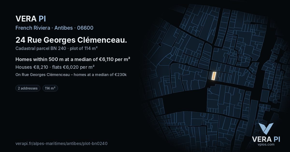 24 Rue Georges Clémenceau, Antibes at night – the plot lit, the parcels around coloured by the prices near them