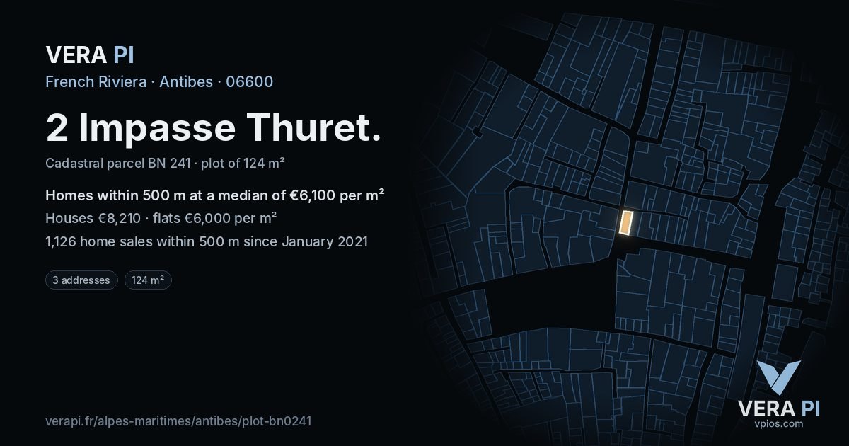 2 Impasse Thuret, Antibes at night – the plot lit, the parcels around coloured by the prices near them