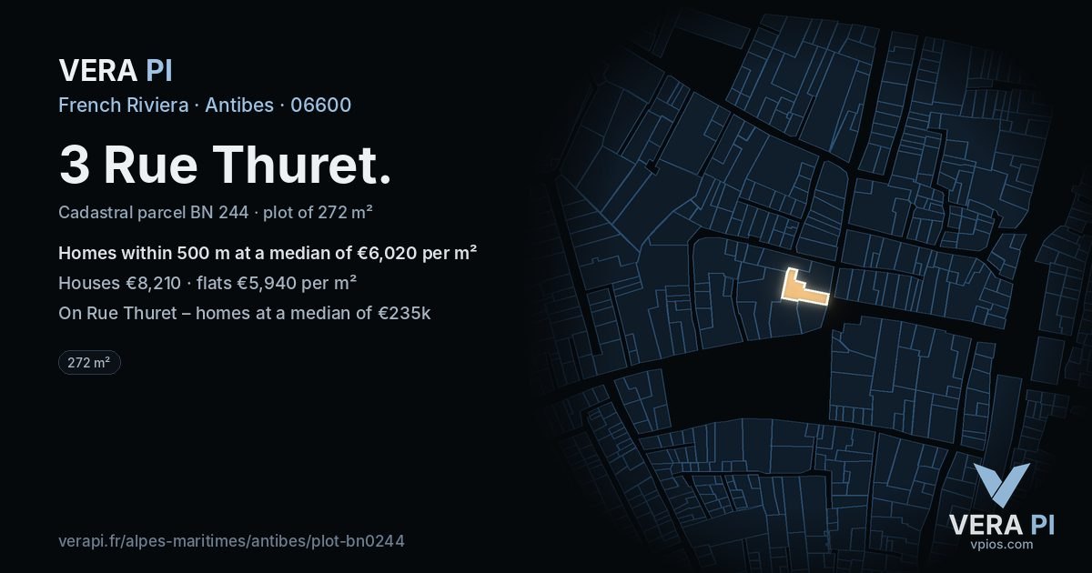 3 Rue Thuret, Antibes at night – the plot lit, the parcels around coloured by the prices near them