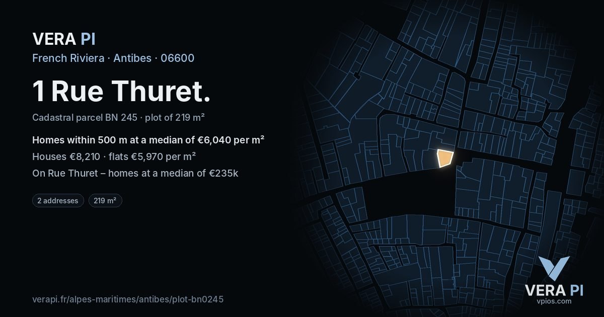 1 Rue Thuret, Antibes at night – the plot lit, the parcels around coloured by the prices near them