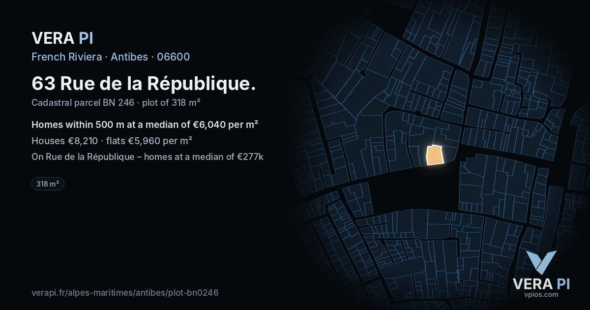 63 Rue de la République, Antibes at night – the plot lit, the parcels around coloured by the prices near them