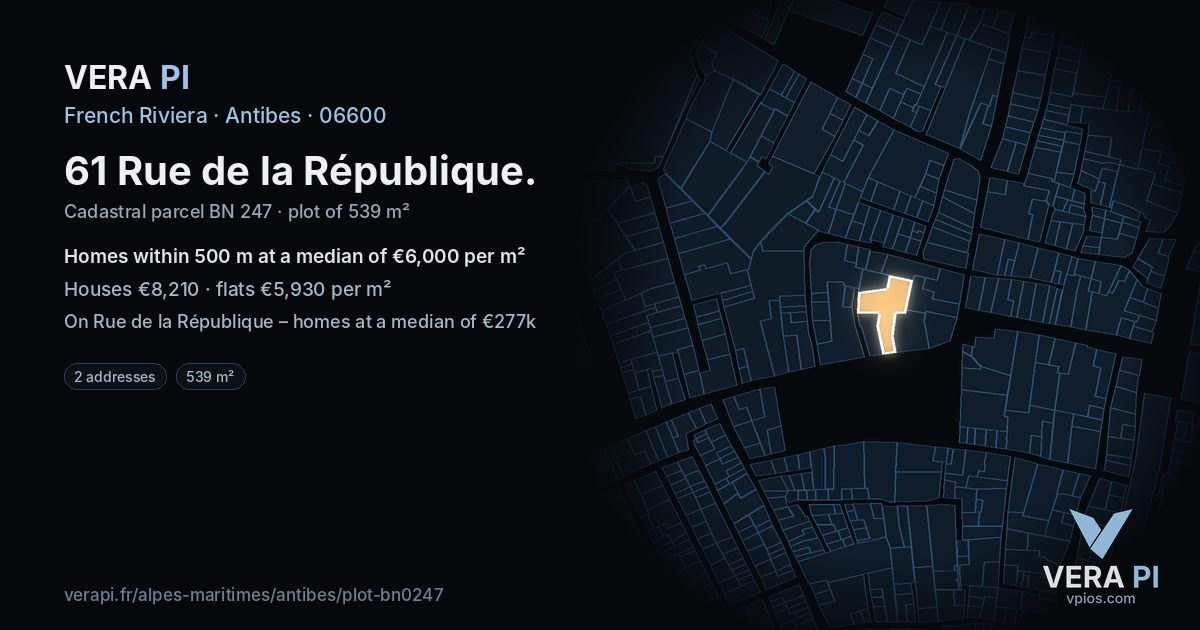 61 Rue de la République, Antibes at night – the plot lit, the parcels around coloured by the prices near them