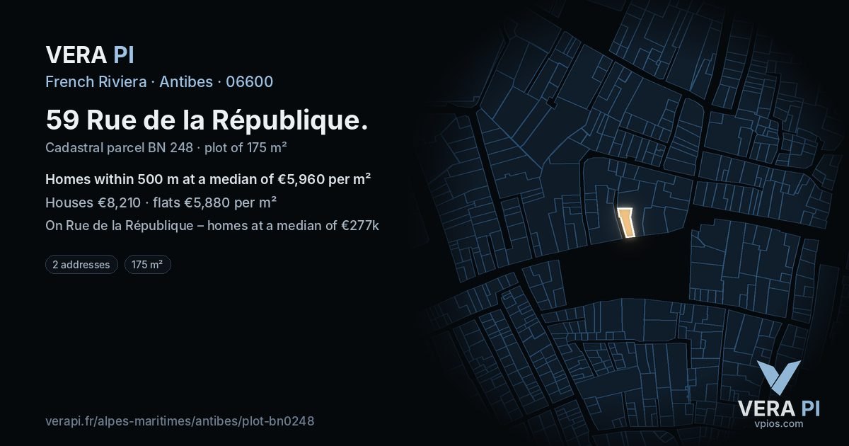 59 Rue de la République, Antibes at night – the plot lit, the parcels around coloured by the prices near them
