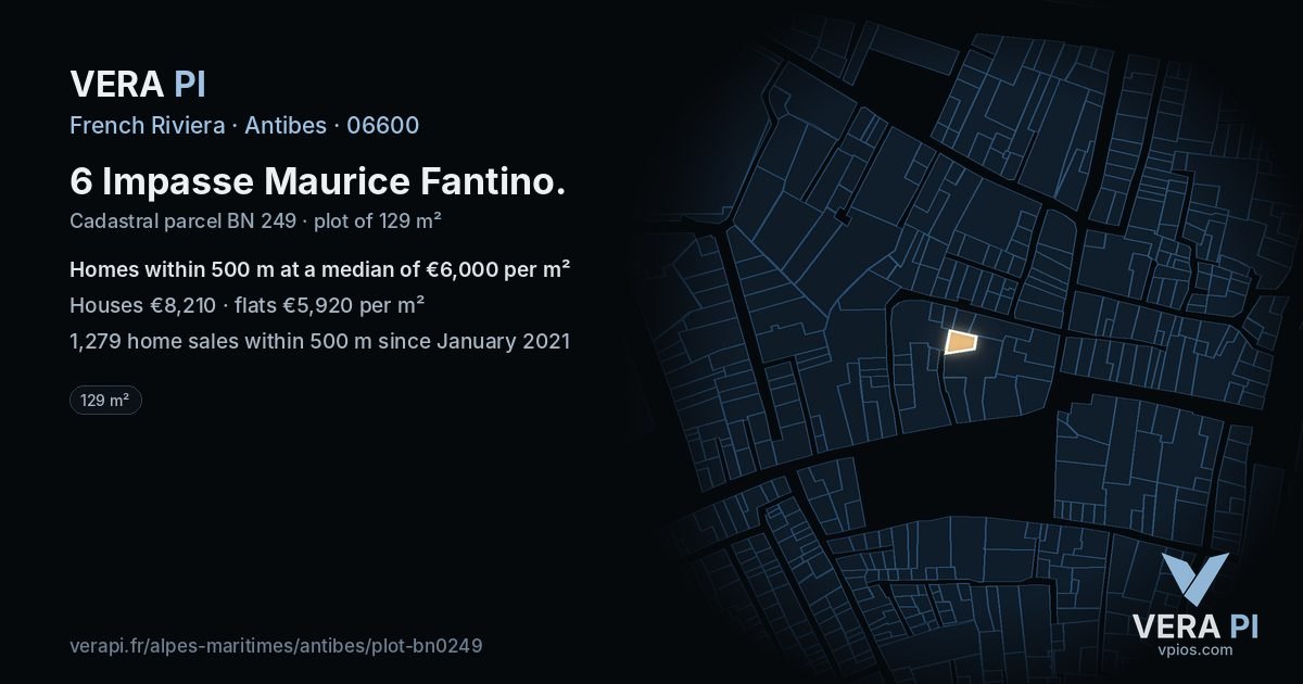 6 Impasse Maurice Fantino, Antibes at night – the plot lit, the parcels around coloured by the prices near them