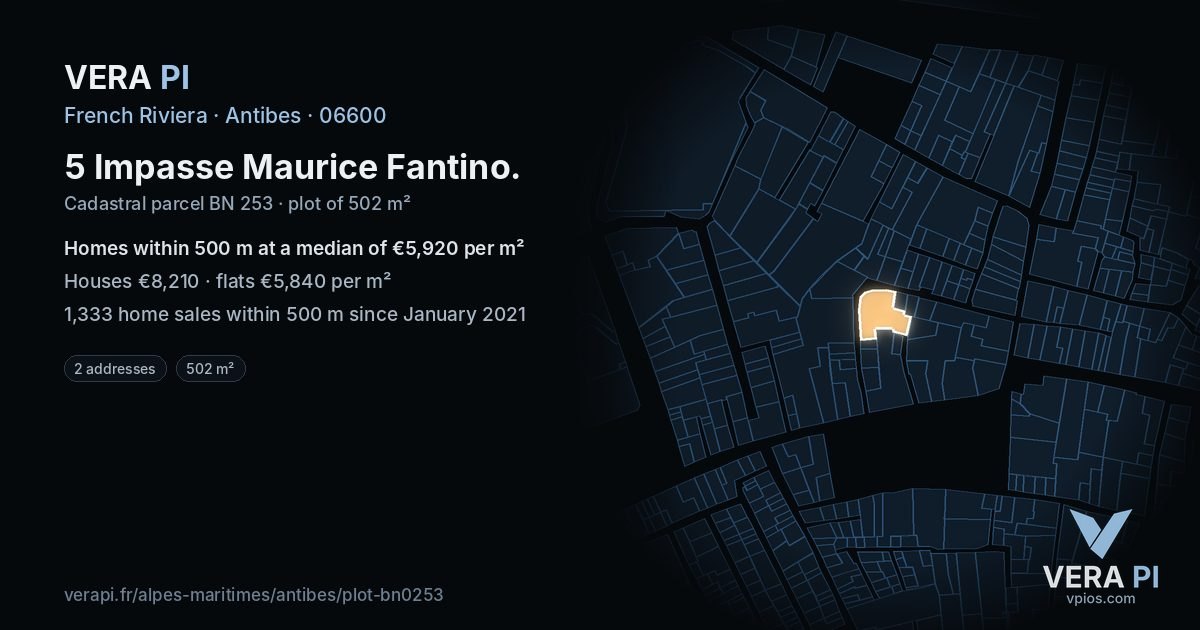 5 Impasse Maurice Fantino, Antibes at night – the plot lit, the parcels around coloured by the prices near them