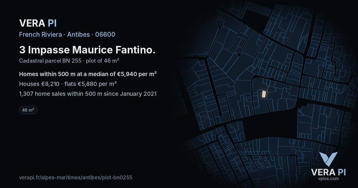 3 Impasse Maurice Fantino, Antibes at night – the plot lit, the parcels around coloured by the prices near them