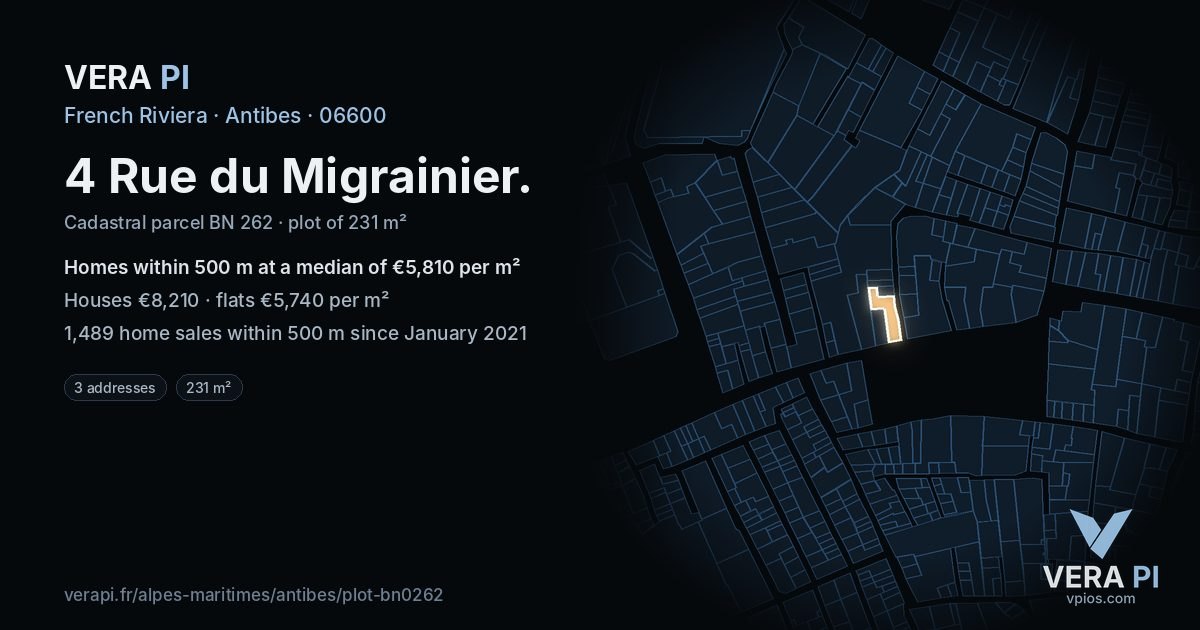 4 Rue du Migrainier, Antibes at night – the plot lit, the parcels around coloured by the prices near them