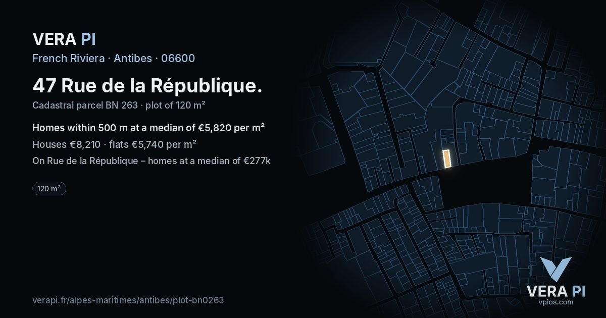 47 Rue de la République, Antibes at night – the plot lit, the parcels around coloured by the prices near them