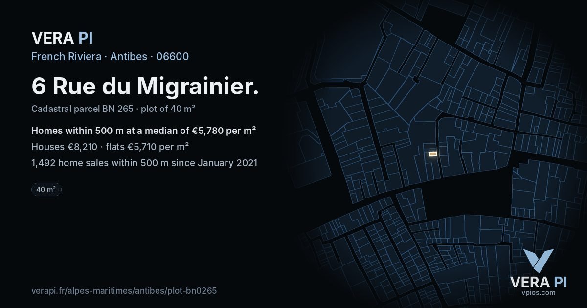 6 Rue du Migrainier, Antibes at night – the plot lit, the parcels around coloured by the prices near them