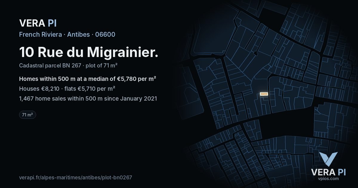 10 Rue du Migrainier, Antibes at night – the plot lit, the parcels around coloured by the prices near them