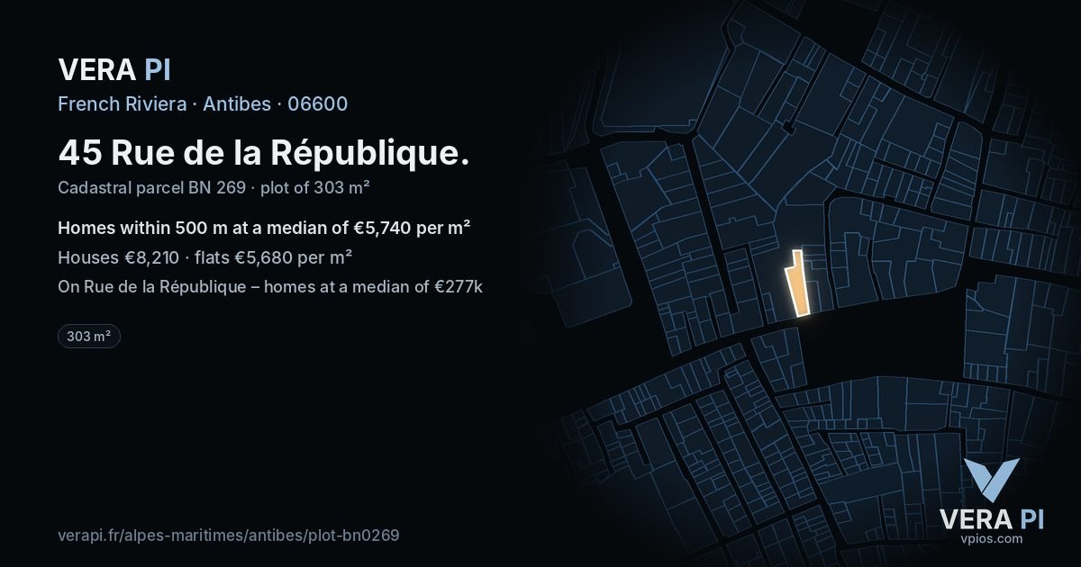 45 Rue de la République, Antibes at night – the plot lit, the parcels around coloured by the prices near them