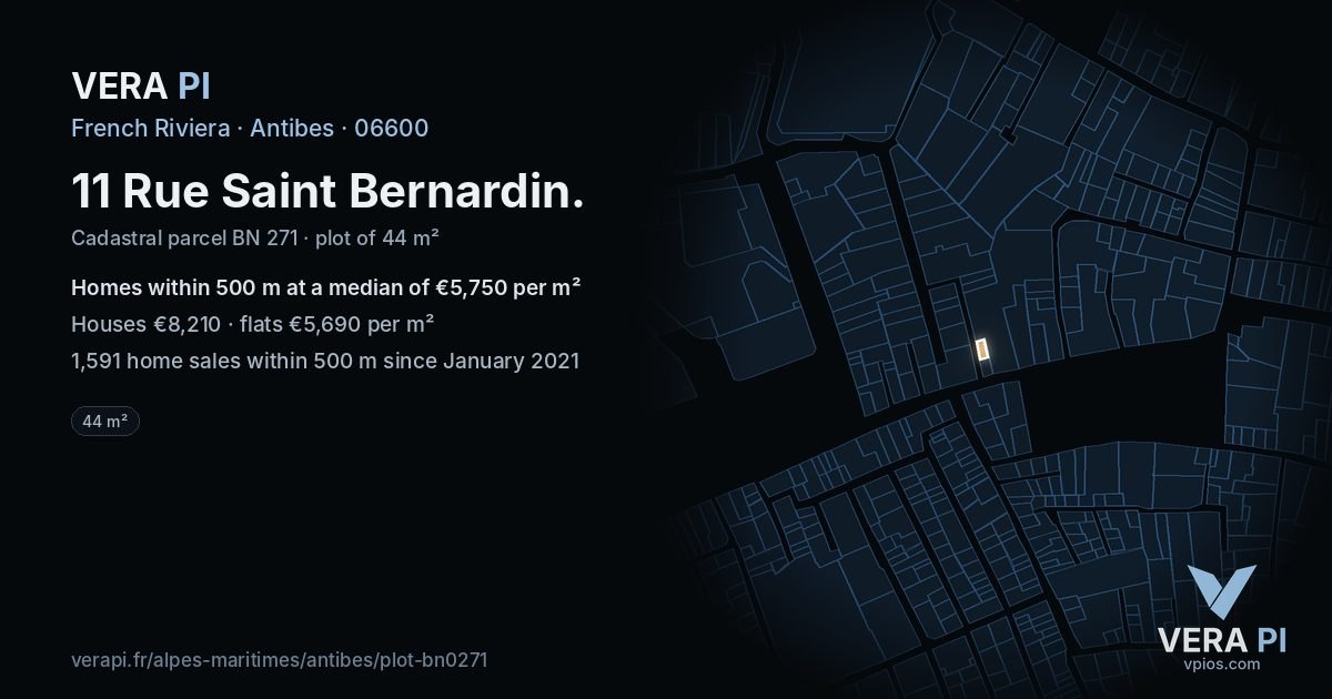 11 Rue Saint Bernardin, Antibes at night – the plot lit, the parcels around coloured by the prices near them