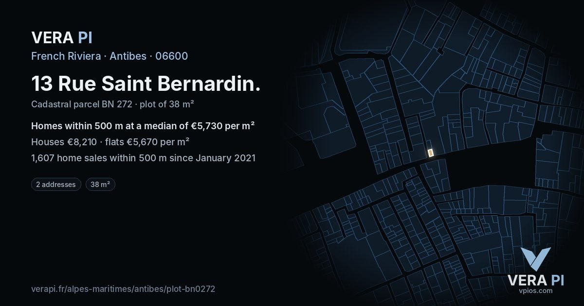 13 Rue Saint Bernardin, Antibes at night – the plot lit, the parcels around coloured by the prices near them