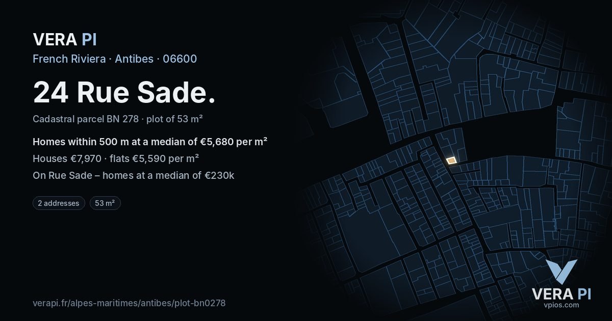 24 Rue Sade, Antibes at night – the plot lit, the parcels around coloured by the prices near them