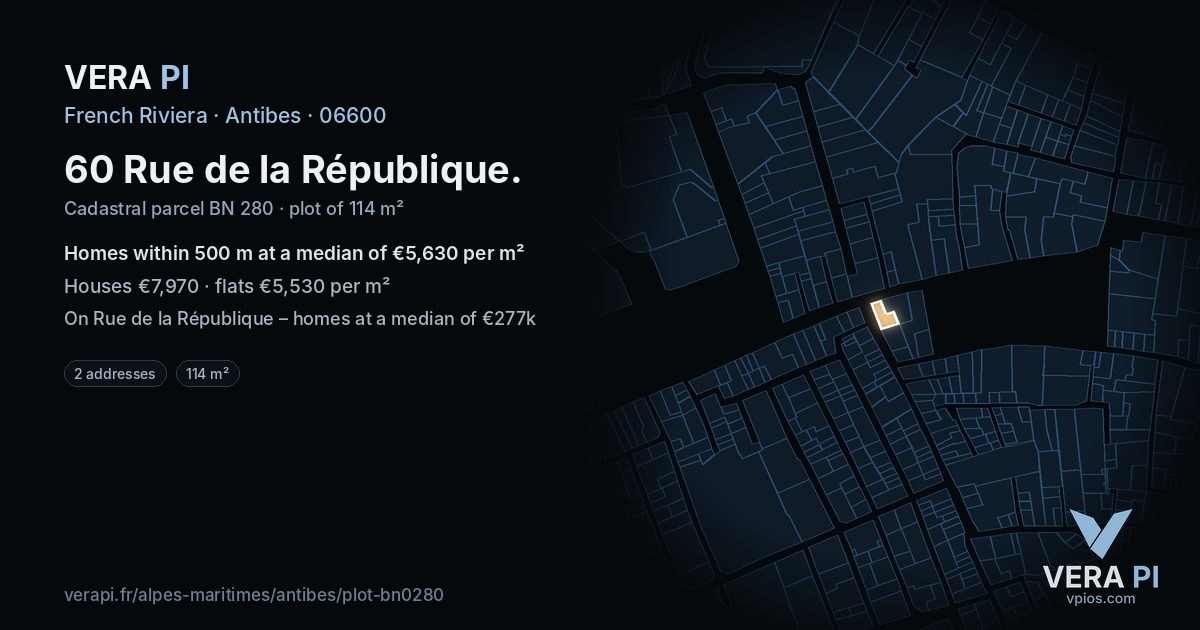 60 Rue de la République, Antibes at night – the plot lit, the parcels around coloured by the prices near them