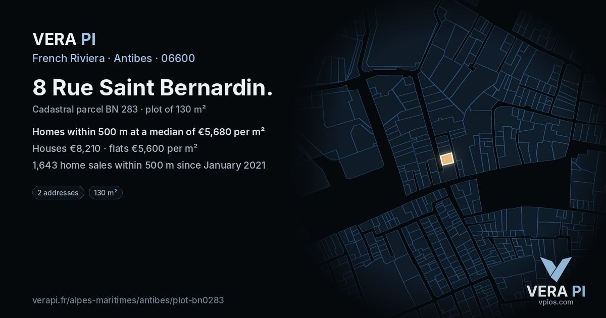 8 Rue Saint Bernardin, Antibes at night – the plot lit, the parcels around coloured by the prices near them