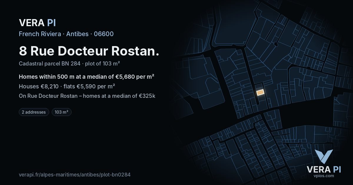 8 Rue Docteur Rostan, Antibes at night – the plot lit, the parcels around coloured by the prices near them