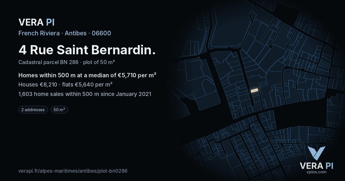 4 Rue Saint Bernardin, Antibes at night – the plot lit, the parcels around coloured by the prices near them
