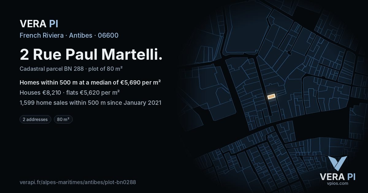 2 Rue Paul Martelli, Antibes at night – the plot lit, the parcels around coloured by the prices near them