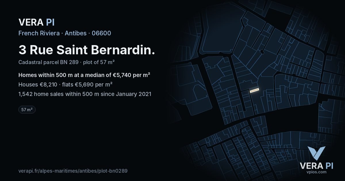 3 Rue Saint Bernardin, Antibes at night – the plot lit, the parcels around coloured by the prices near them