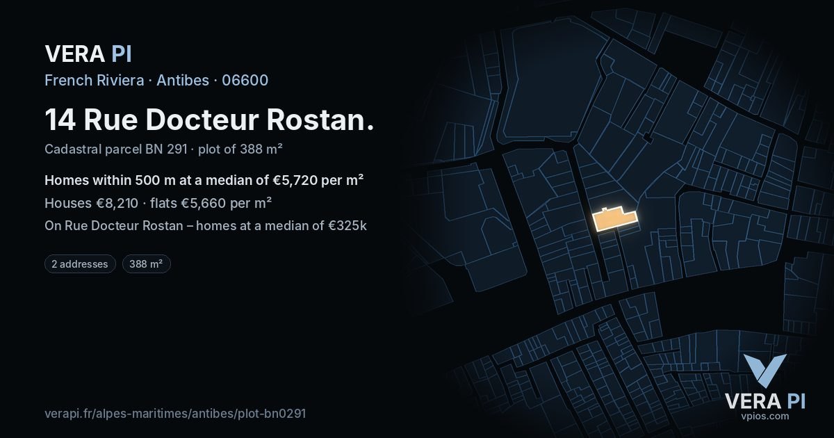 14 Rue Docteur Rostan, Antibes at night – the plot lit, the parcels around coloured by the prices near them