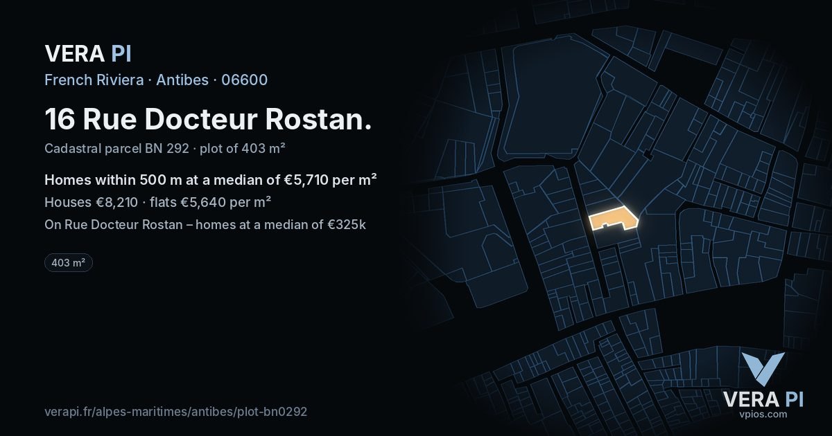 16 Rue Docteur Rostan, Antibes at night – the plot lit, the parcels around coloured by the prices near them