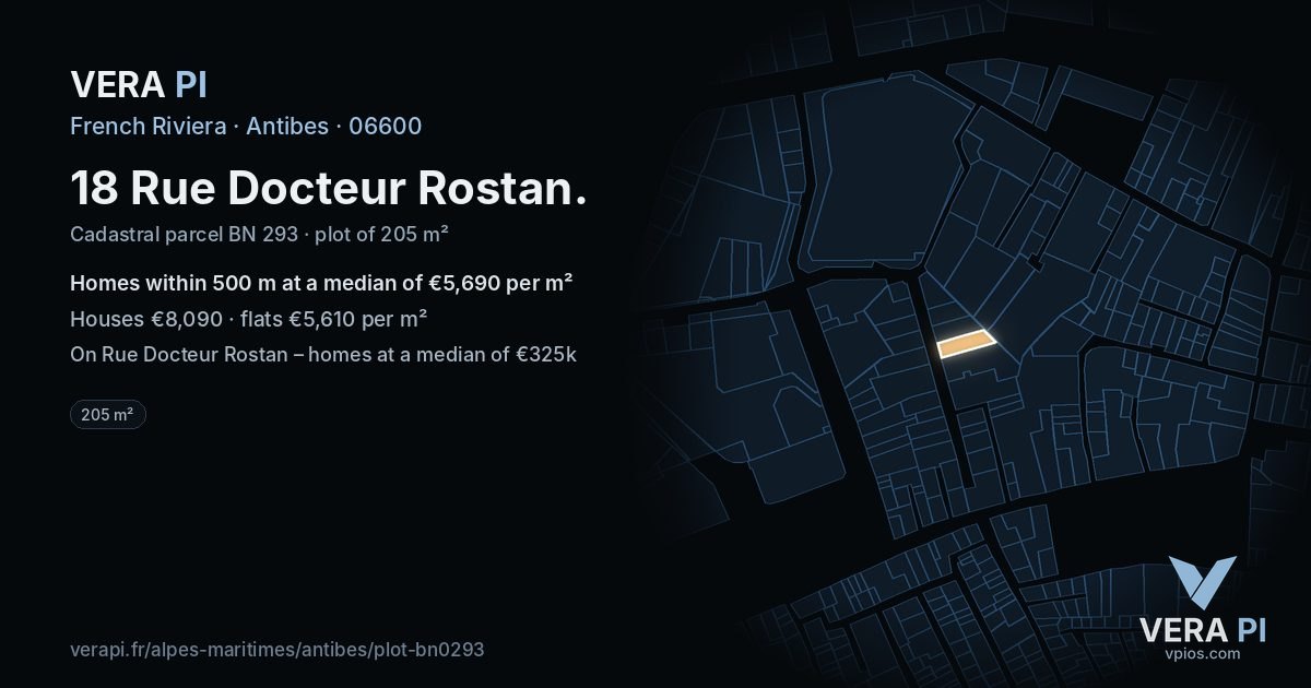18 Rue Docteur Rostan, Antibes at night – the plot lit, the parcels around coloured by the prices near them