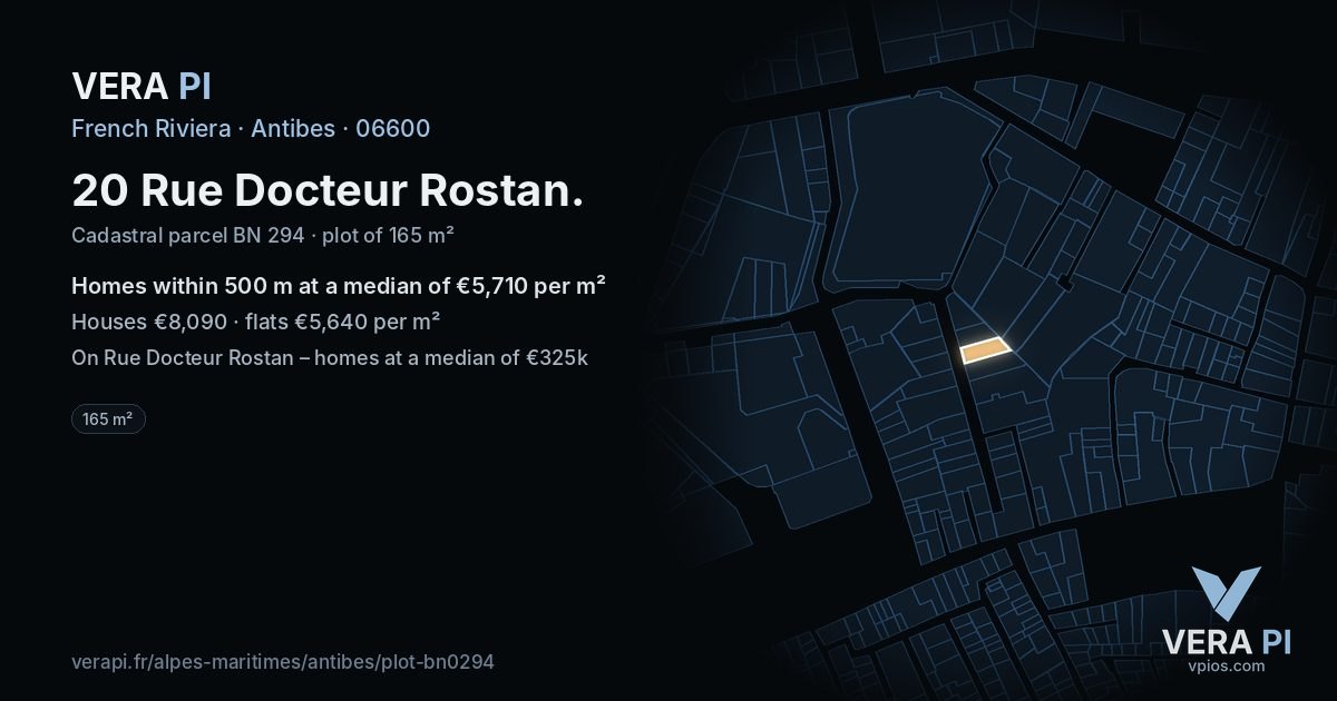 20 Rue Docteur Rostan, Antibes at night – the plot lit, the parcels around coloured by the prices near them