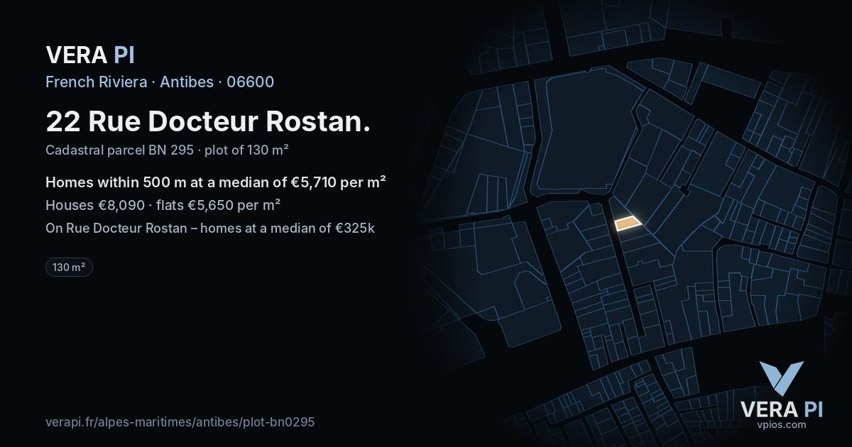 22 Rue Docteur Rostan, Antibes at night – the plot lit, the parcels around coloured by the prices near them