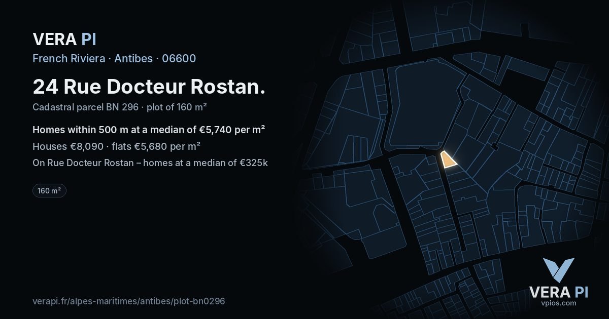 24 Rue Docteur Rostan, Antibes at night – the plot lit, the parcels around coloured by the prices near them
