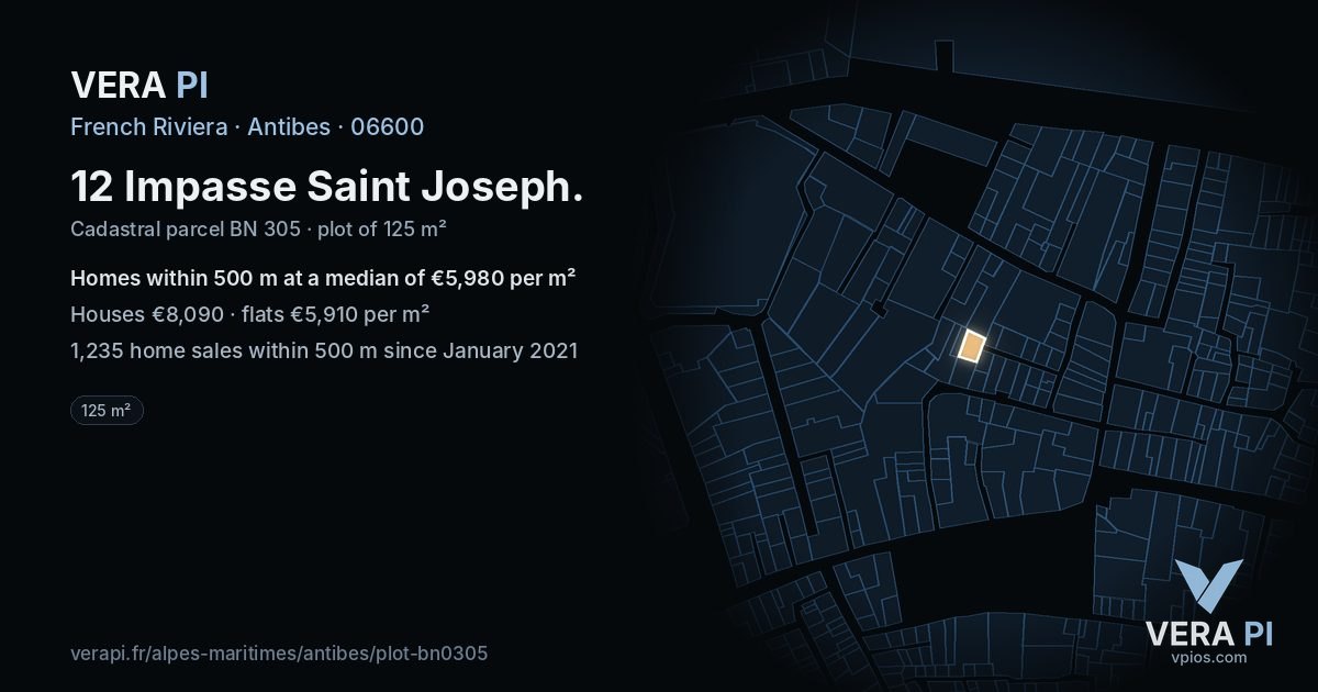 12 Impasse Saint Joseph, Antibes at night – the plot lit, the parcels around coloured by the prices near them
