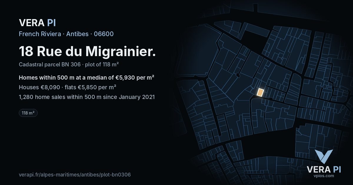 18 Rue du Migrainier, Antibes at night – the plot lit, the parcels around coloured by the prices near them