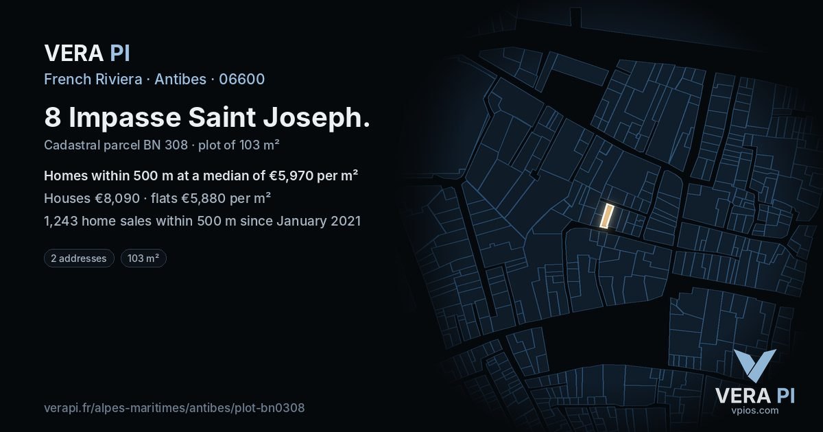 8 Impasse Saint Joseph, Antibes at night – the plot lit, the parcels around coloured by the prices near them