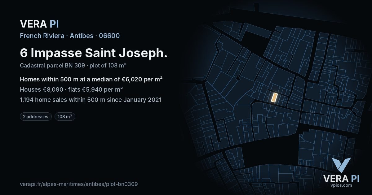 6 Impasse Saint Joseph, Antibes at night – the plot lit, the parcels around coloured by the prices near them