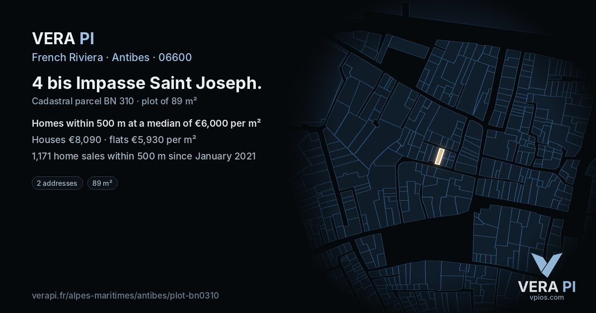 4 bis Impasse Saint Joseph, Antibes at night – the plot lit, the parcels around coloured by the prices near them