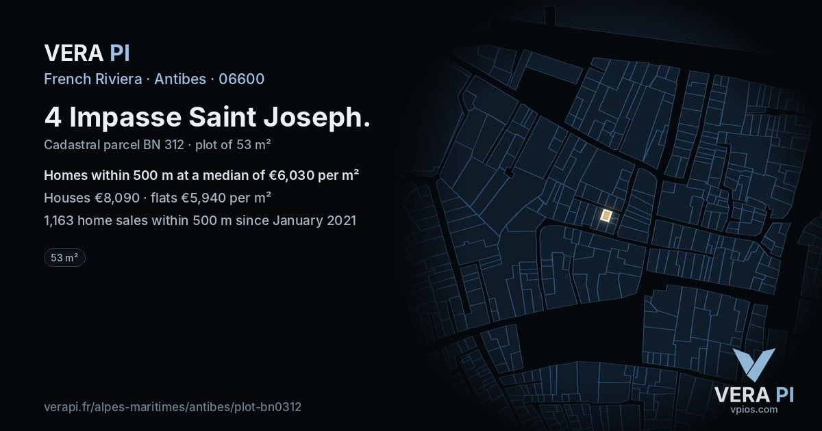 4 Impasse Saint Joseph, Antibes at night – the plot lit, the parcels around coloured by the prices near them