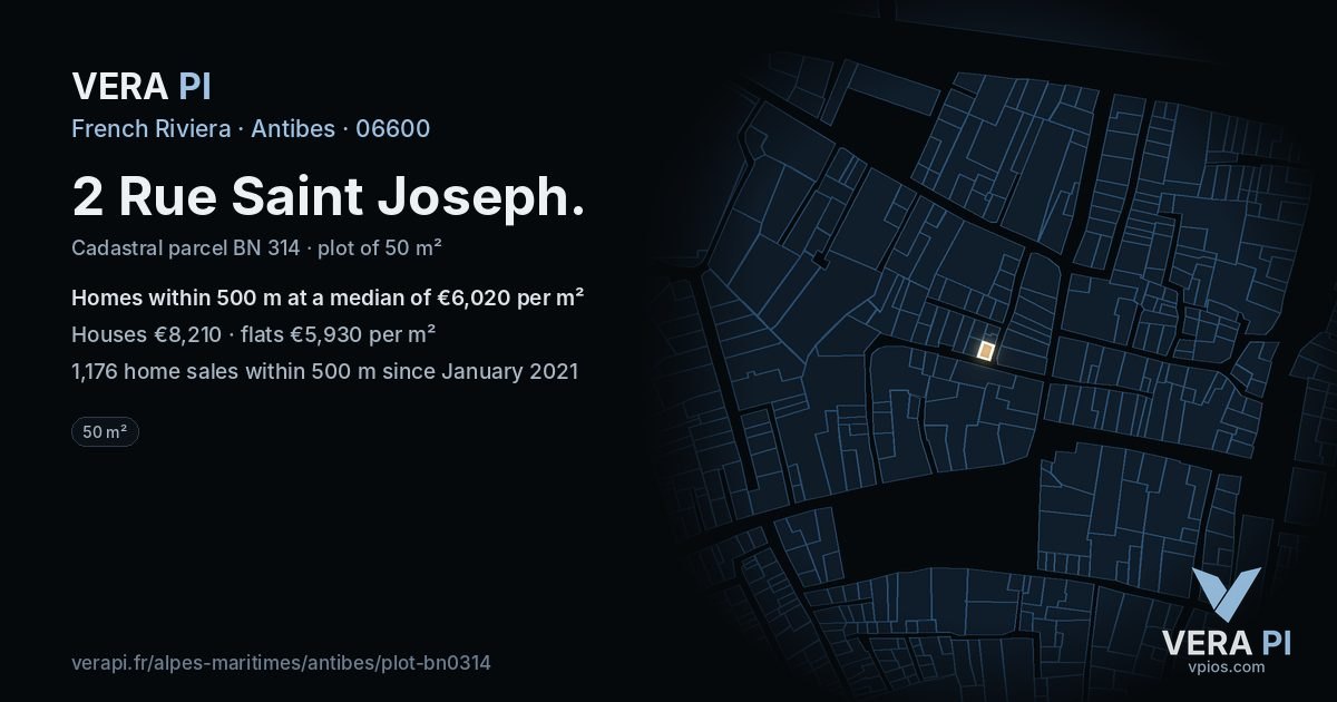 2 Rue Saint Joseph, Antibes at night – the plot lit, the parcels around coloured by the prices near them