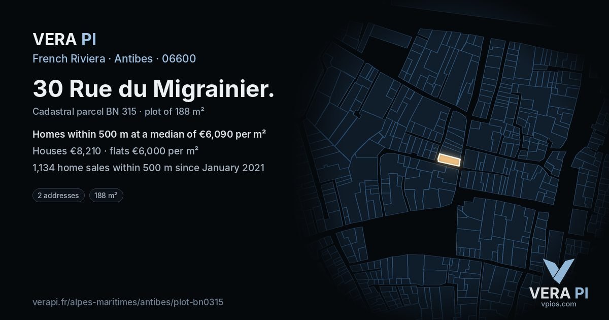 30 Rue du Migrainier, Antibes at night – the plot lit, the parcels around coloured by the prices near them