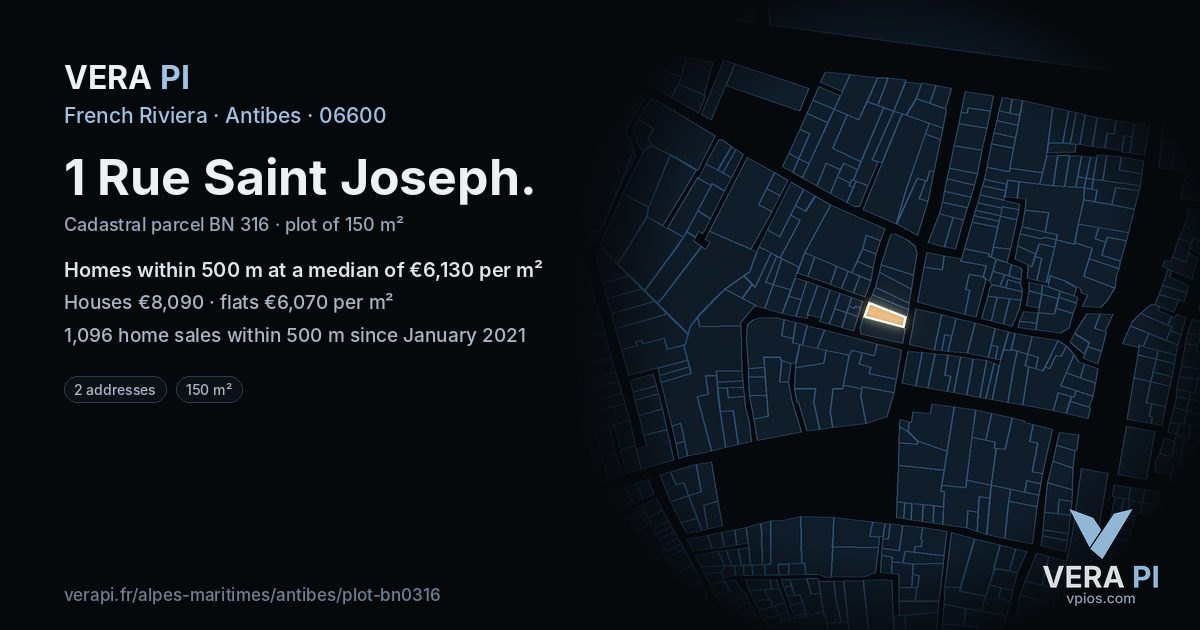 1 Rue Saint Joseph, Antibes at night – the plot lit, the parcels around coloured by the prices near them
