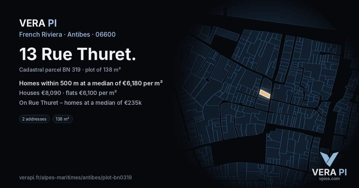 13 Rue Thuret, Antibes at night – the plot lit, the parcels around coloured by the prices near them