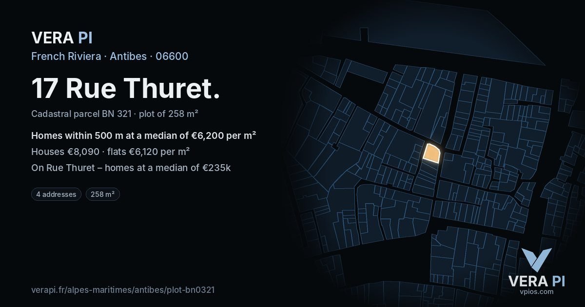 17 Rue Thuret, Antibes at night – the plot lit, the parcels around coloured by the prices near them